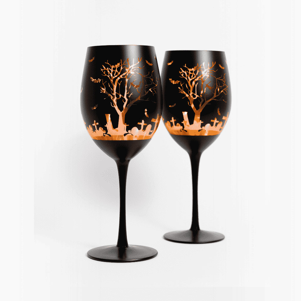 Matte Black Graveyard Halloween Wine Goblets – Set of 2