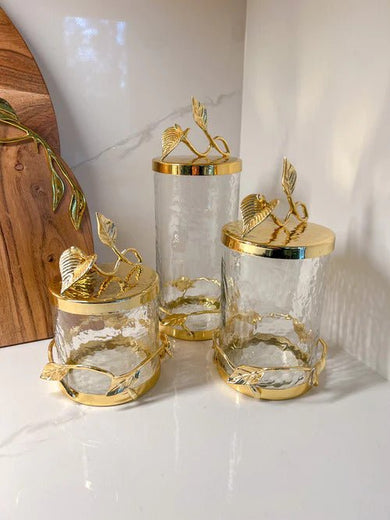 Hammered Glass Canister with All Gold Leaf Details & Lid Set - Anara Lifestyle