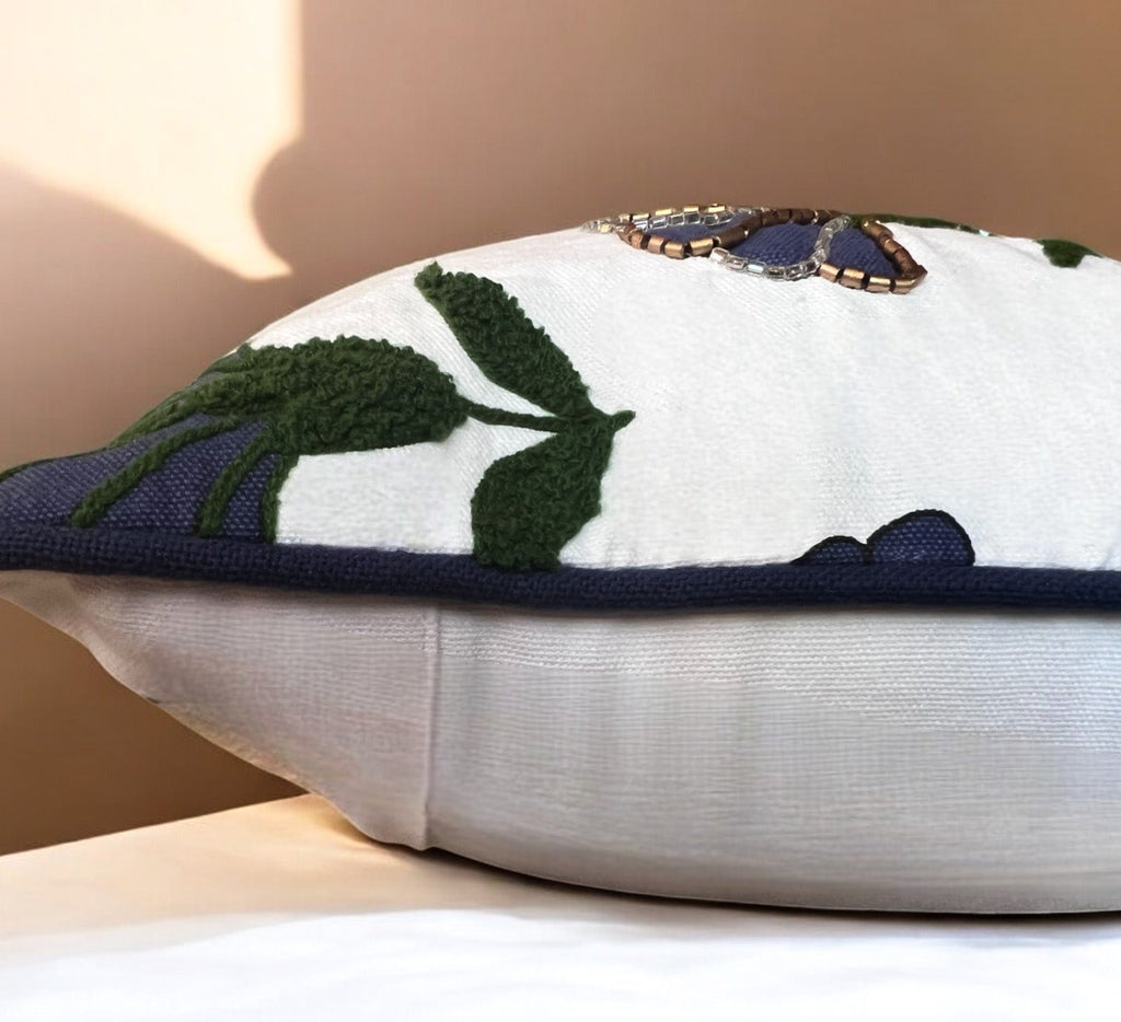 Embroidered Floral Blue Boho Accent Throw Pillow – Modern Home Decor