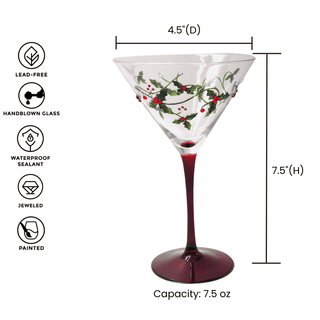 Hand-Painted Holly & Jeweled Berry Martini Glasses – Set of 2