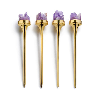 Hospitality Cocktail Picks, Gold & Amethyst Druze, Set of 4 - Anara Lifestyle