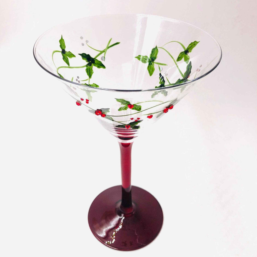 Hand-Painted Holly & Jeweled Berry Martini Glasses – Set of 2