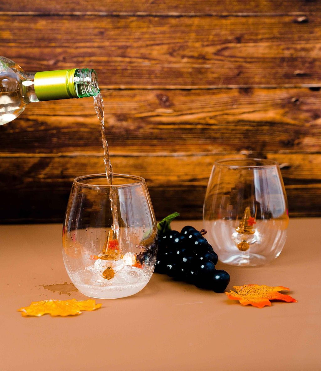 Hand-Blown 3D Pumpkin Gnome Stemless Wine Glasses – Set of 2
