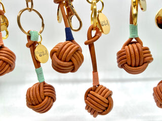Cognac Leather Knot Keychain with Modern Accent Colors
