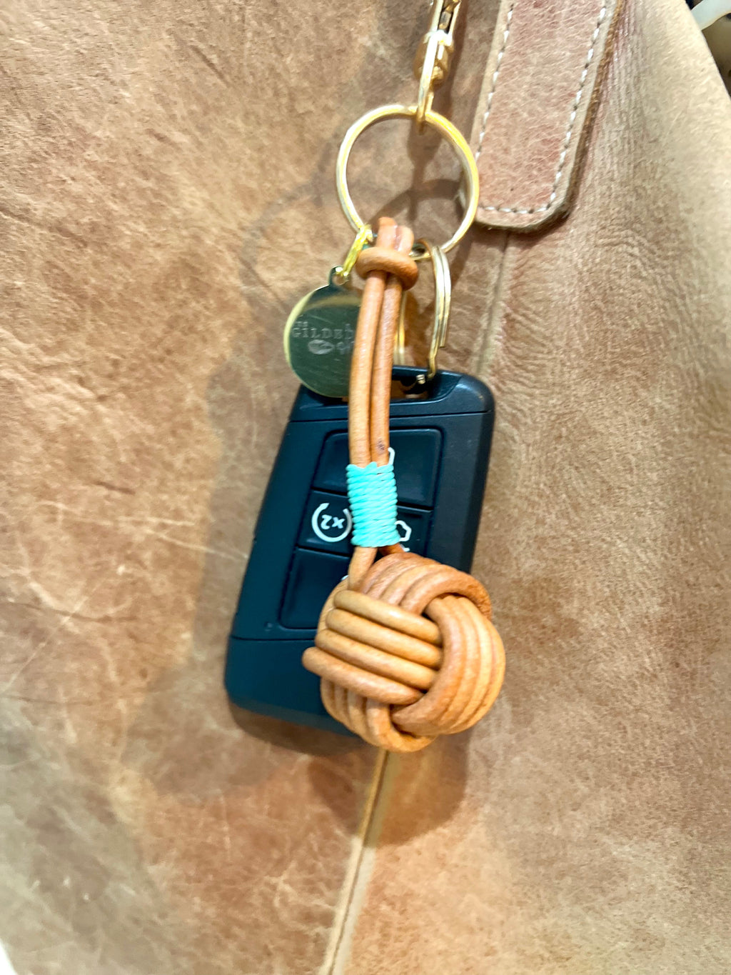 Cognac Leather Knot Keychain with Modern Accent Colors