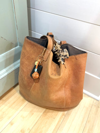 Cognac Leather Knot Keychain with Modern Accent Colors