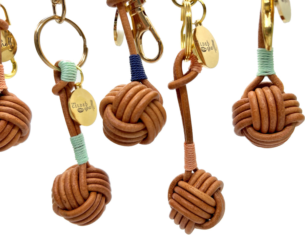 Cognac Leather Knot Keychain with Modern Accent Colors