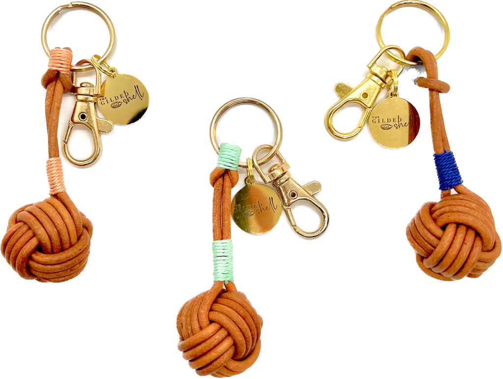 Cognac Leather Knot Keychain with Modern Accent Colors