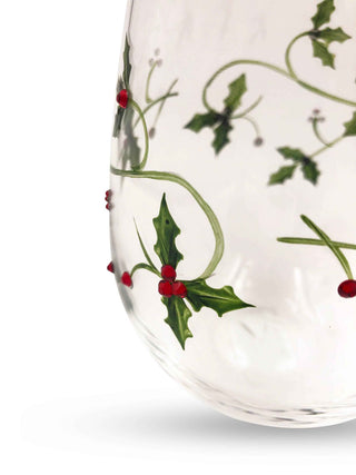 Hand-Painted Holly & Jeweled Berry Stemless Wine Glasses – Set of 2