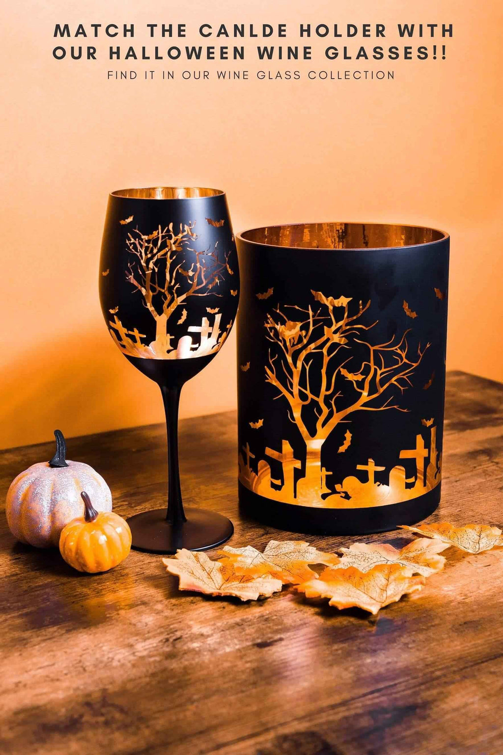 Matte Black Graveyard Halloween Hurricane Candle Holder