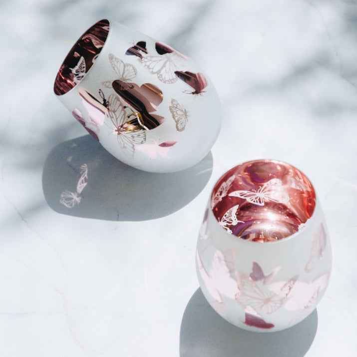 Jeweled Pink Butterfly Stemless Wine Glasses – Set of 2