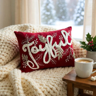 Joyful Gold and Red Embroidered Christmas Pillow – Holiday Collection