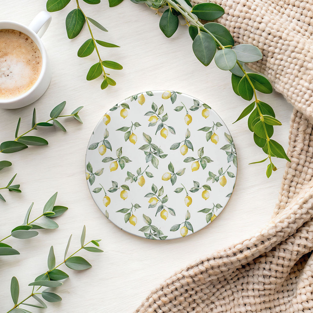 Mediterranean Lemon Ceramic Coasters – Blue Tile & Citrus Designs (4