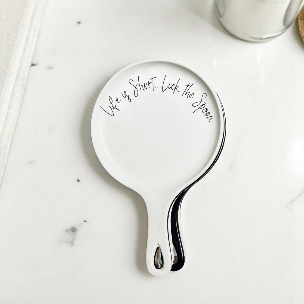 Lick the Spoon Cursive Spoon Rest with Wooden Spoon – Funny Porcelain Kitchen Gift