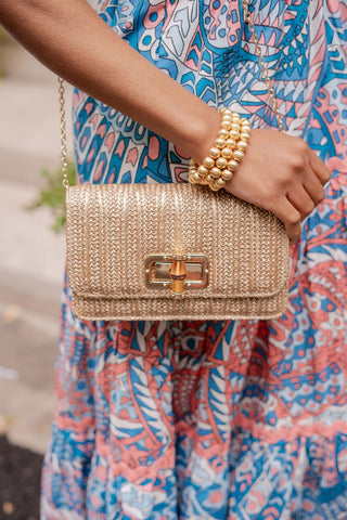 Lilly Gold Woven Straw Clutch with Bamboo Toggle