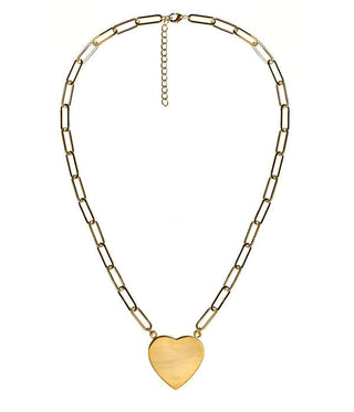 Gold Flat Heart Charm Necklace with Paper Clip Chain - 18k Gold Plated -