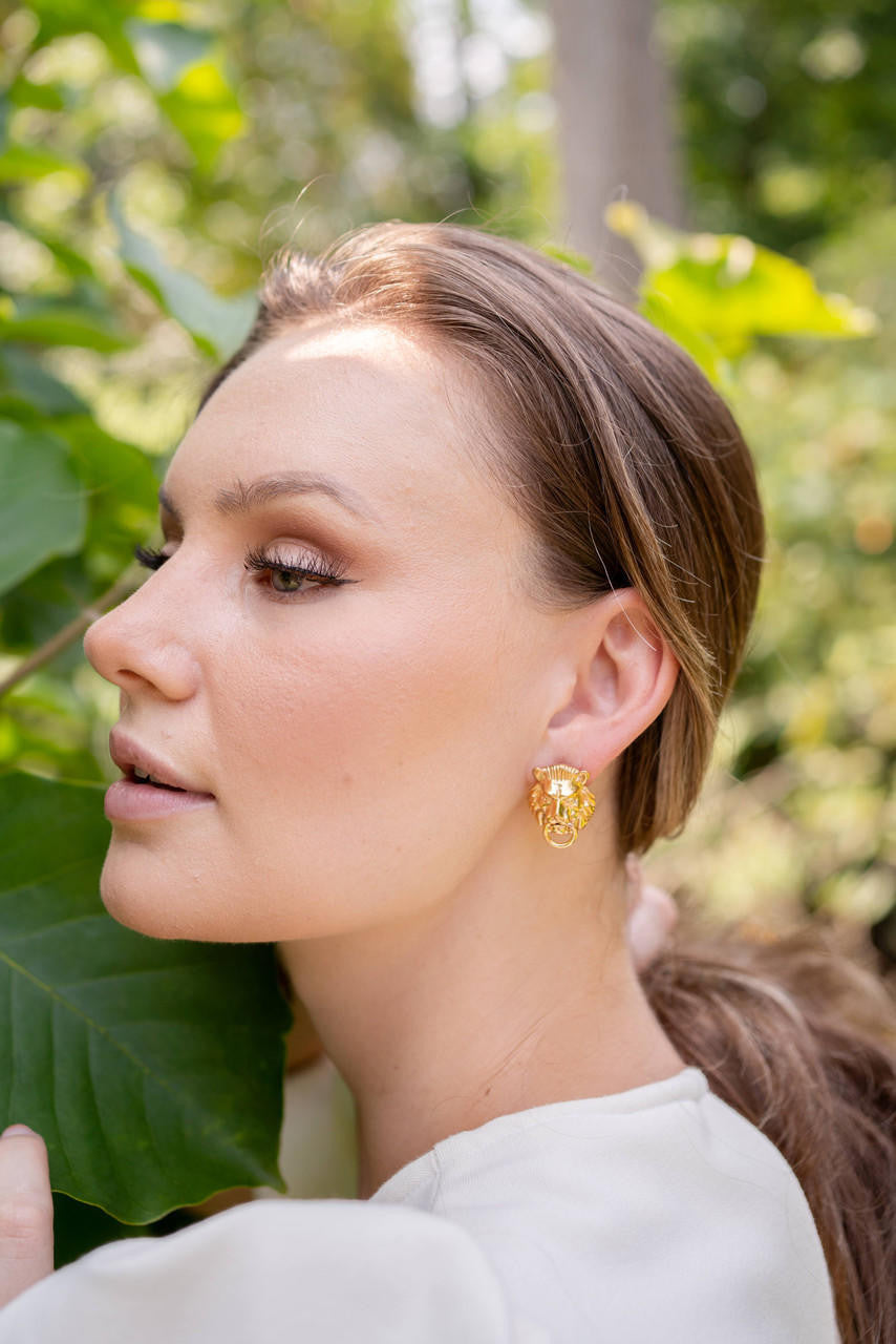 Lion Door Knocker Earrings in Gold Brass