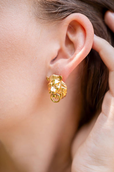 Lion Door Knocker Earrings in Gold Brass