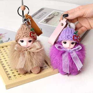 Luxury Custom Real Fox Fur Sleeping Doll Keychain – Cute Plush DIY Jewelry & Handbag Ornament - Anara Lifestyle
