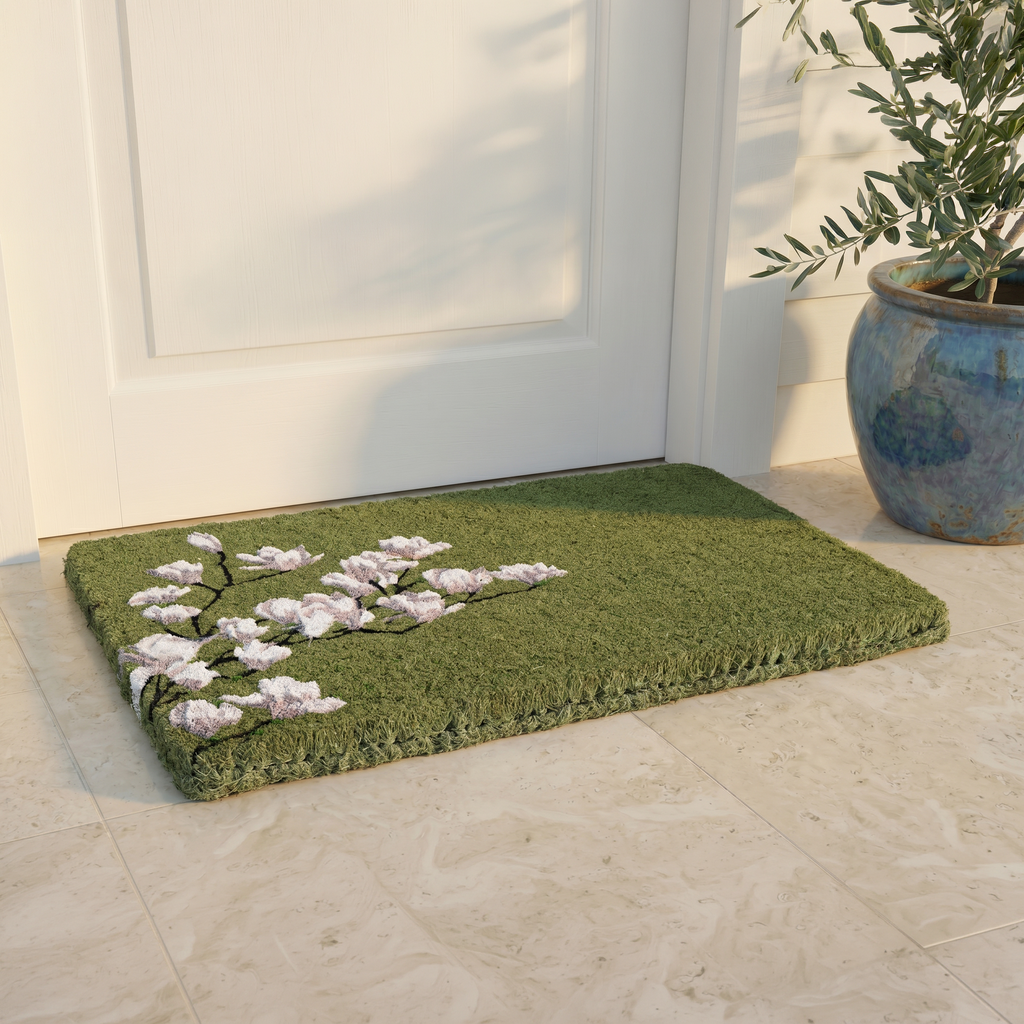 Magnolia Branch Green Floral Coir Doormat