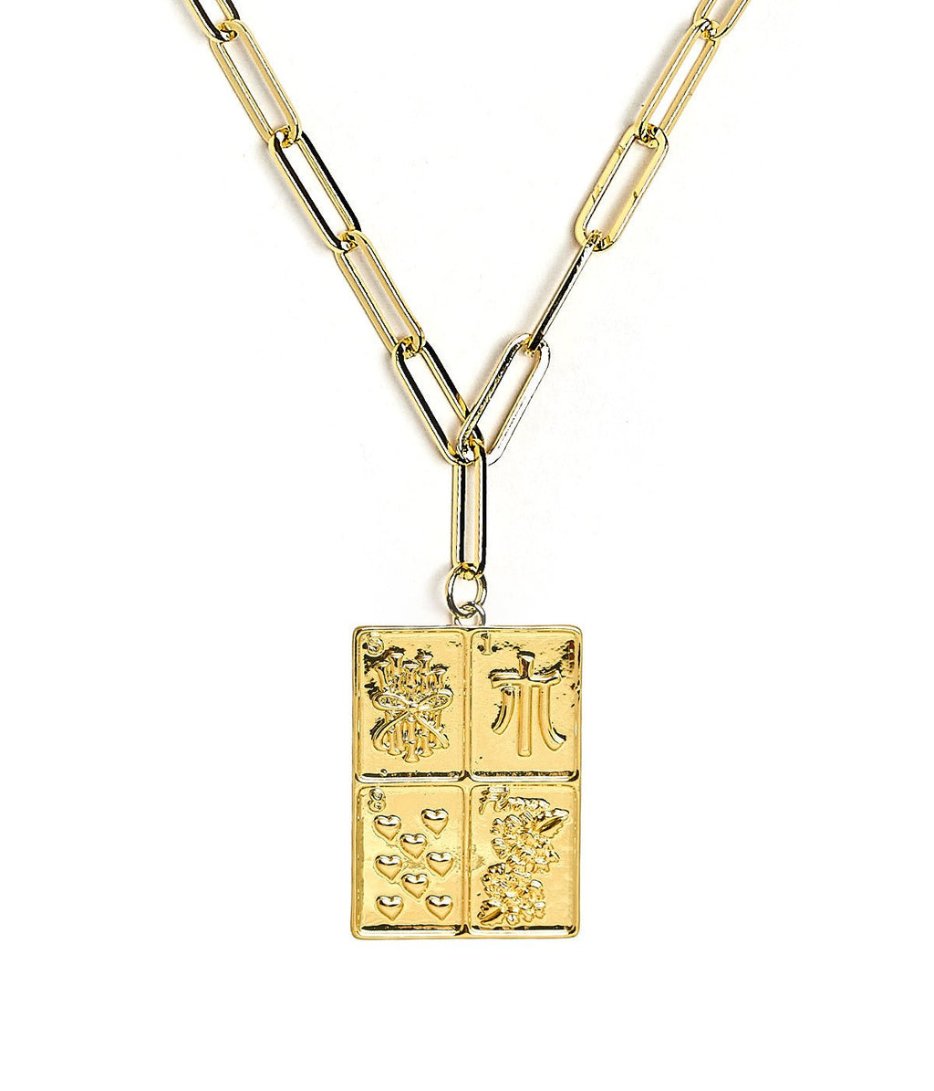 Mahjong Charm Tile Necklace- Paper Clip chain - 18k Gold Plated