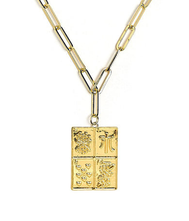 Mahjong Charm Tile Necklace- Paper Clip chain - 18k Gold Plated