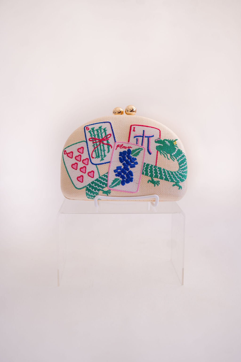 Mahjong Embroidered Clutch with Crossbody Chain
