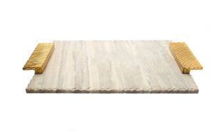 Elegant Grey Marble Challah Tray with Embossed Gold Handles