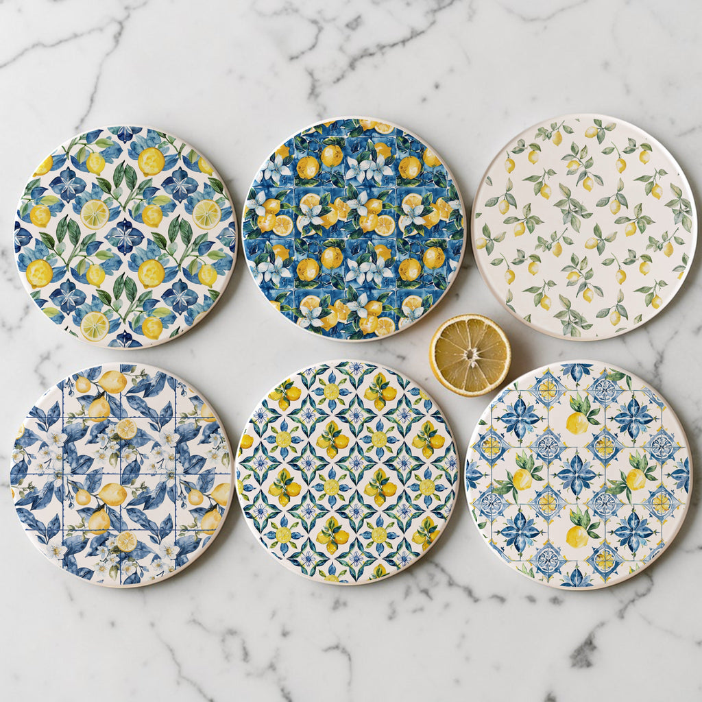 Mediterranean Lemon Ceramic Coasters – Blue Tile & Citrus Designs (4