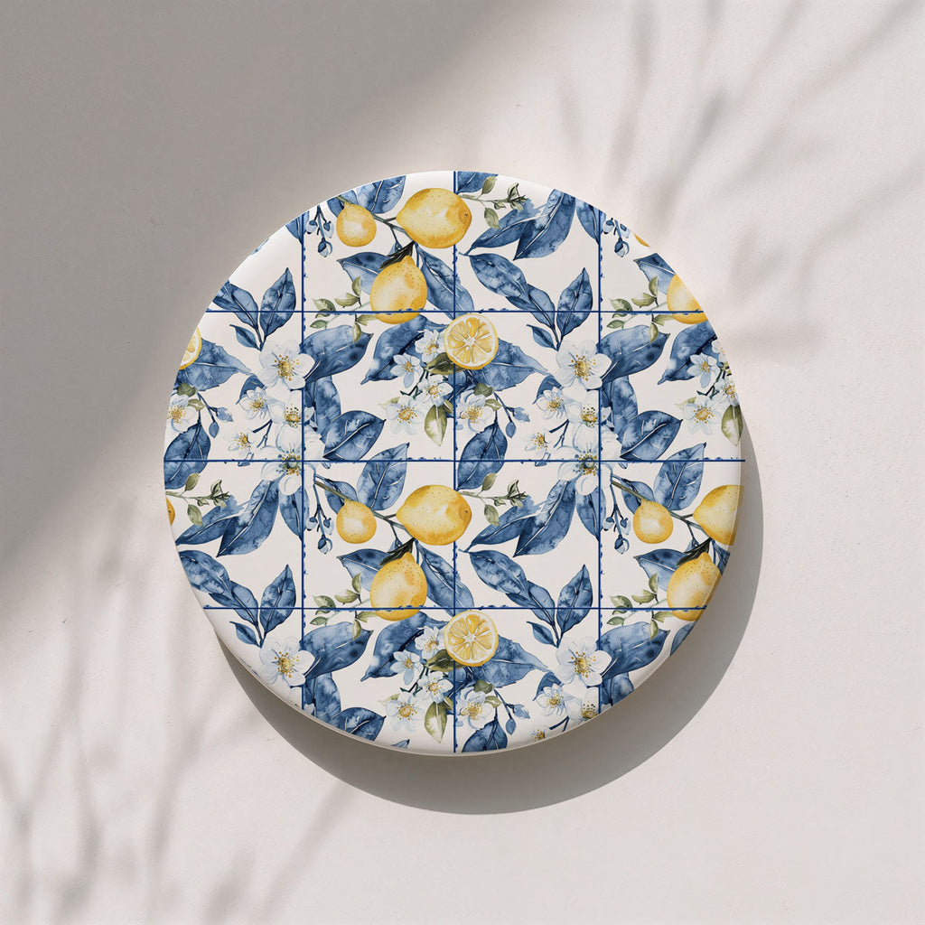 Mediterranean Lemon Ceramic Coasters – Blue Tile & Citrus Designs (4