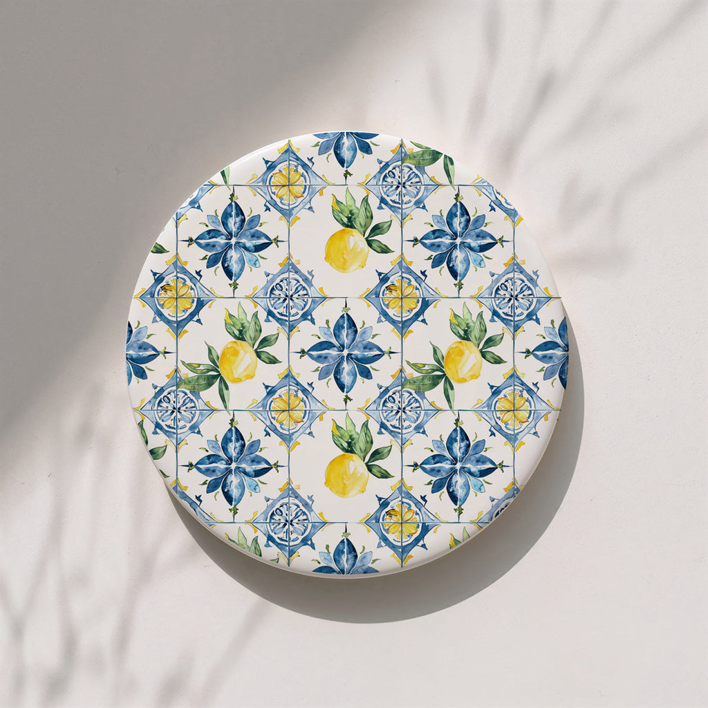 Mediterranean Lemon Ceramic Coasters – Blue Tile & Citrus Designs (4