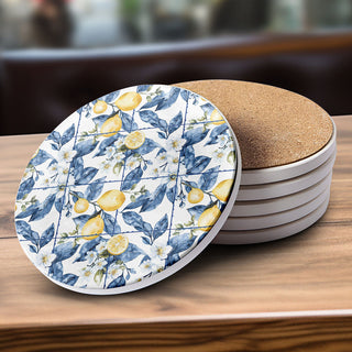 Mediterranean Lemon Ceramic Coasters – Blue Tile & Citrus Designs (4