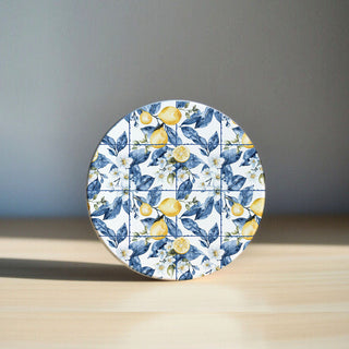 Mediterranean Lemon Ceramic Coasters – Blue Tile & Citrus Designs (4