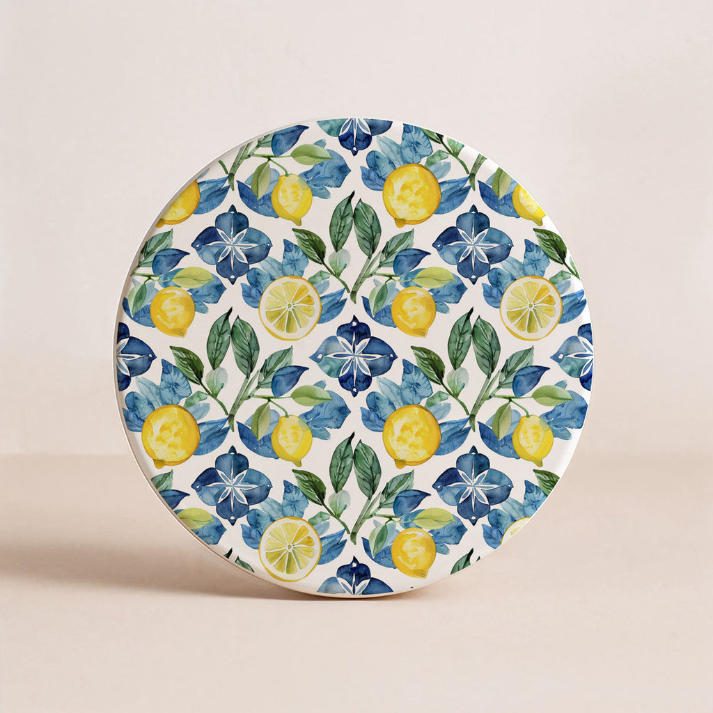 Mediterranean Lemon Ceramic Coasters – Blue Tile & Citrus Designs (4