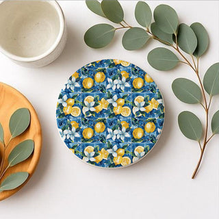 Mediterranean Lemon Ceramic Coasters – Blue Tile & Citrus Designs (4