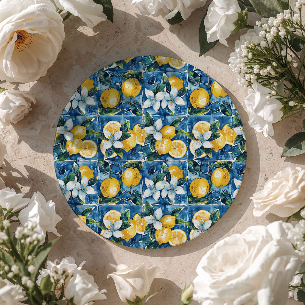 Mediterranean Lemon Ceramic Coasters – Blue Tile & Citrus Designs (4