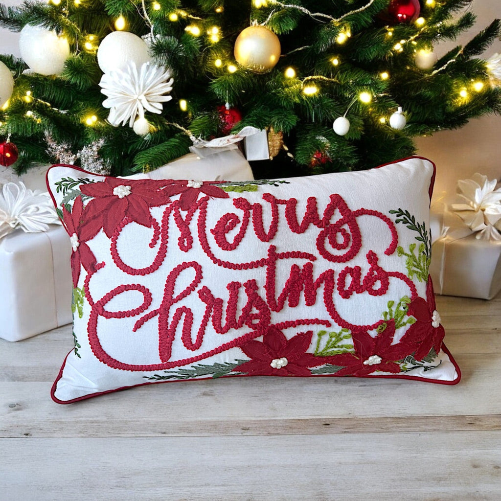 Merry Christmas Vintage Poinsettia Throw Pillow – Holiday Collection