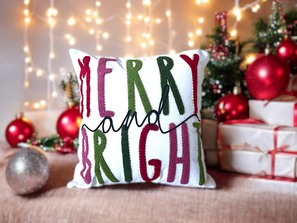 Merry and Bright Embroidered Christmas Pillow – Holiday Collection
