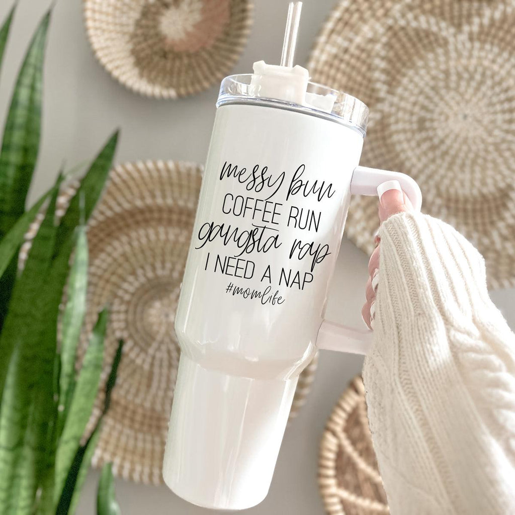 Messy Bun Coffee Run #MomLife Insulated Tumbler – 40oz Travel Mug with Handle & Straw