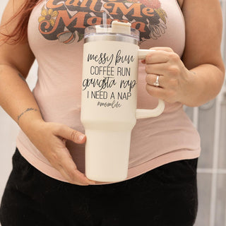 Messy Bun Coffee Run #MomLife Insulated Tumbler – 40oz Travel Mug with Handle & Straw