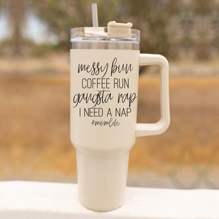 Messy Bun Coffee Run #MomLife Insulated Tumbler – 40oz Travel Mug with Handle & Straw