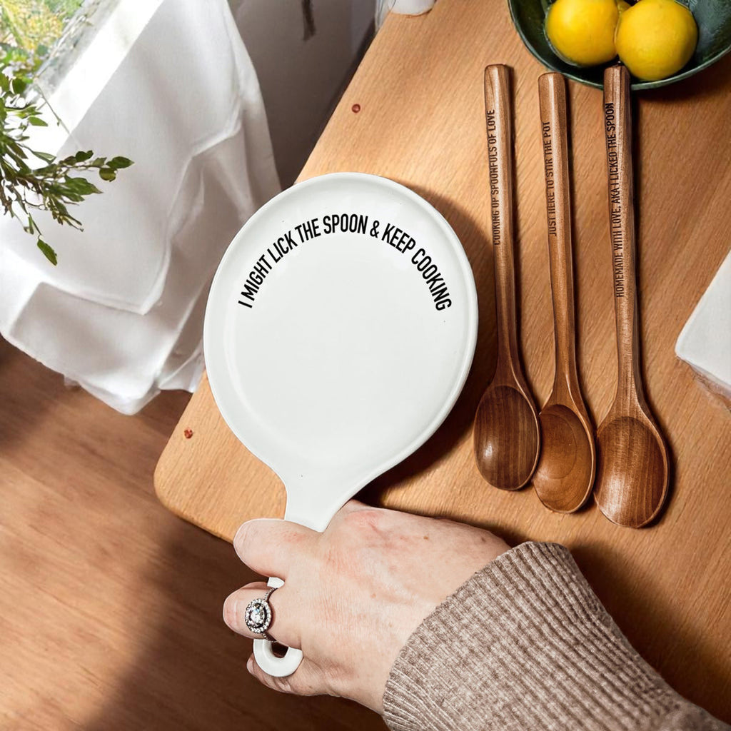 Funny Taste-Tester Spoon Rest with Wooden Spoon – Porcelain Kitchen Spoon Holder