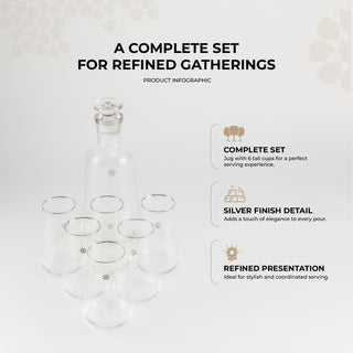 Mirral- Jug with 6 Tall glass cups - Silver