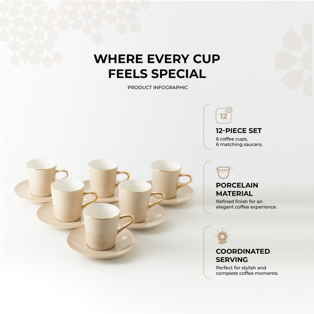 Mirral - Cappuccino Set (12-Pc) - Beige & Gold