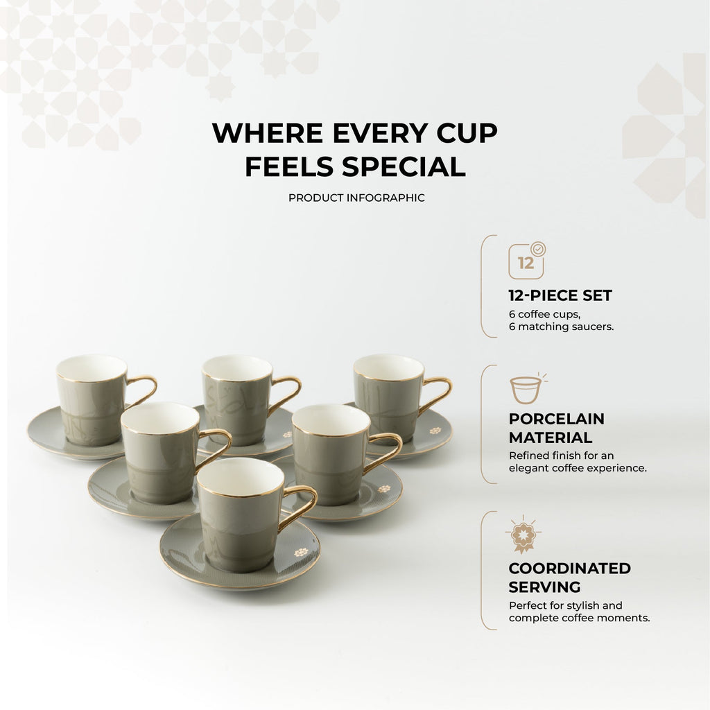 Mirral - Cappuccino Set (12-Pc) - Grey & Gold