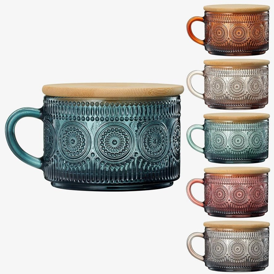 Muted Colored Vintage Glass Coffee Mug Set Comes with Cover and Gold Teaspoons - Anara Lifestyle