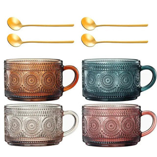 Muted Colored Vintage Glass Coffee Mug Set Comes with Cover and Gold Teaspoons - Anara Lifestyle