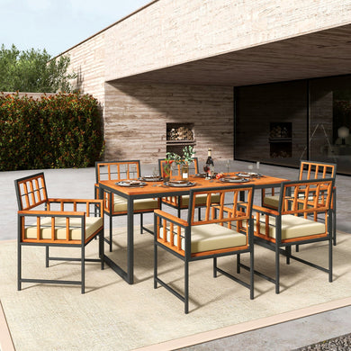7-Piece Acacia Wood Patio Dining Set with Cushions and Umbrella Hole