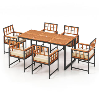 7-Piece Acacia Wood Patio Dining Set with Cushions and Umbrella Hole