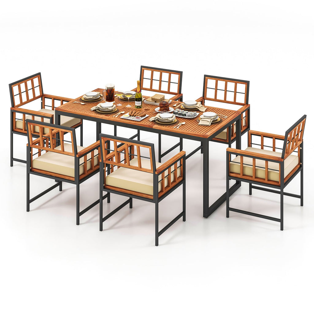7-Piece Acacia Wood Patio Dining Set with Cushions and Umbrella Hole